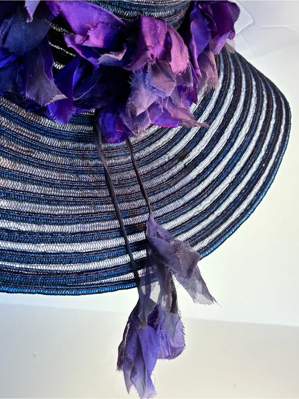 Dramatic Navy Wide Brim Sun Hat Purple Flowers Tea Party Derby Statement Hat